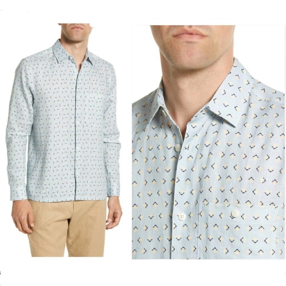 Ted Baker London Arnel Blue Linen Geometric Print Long Sleeve Shirt Mens‎ 4 L